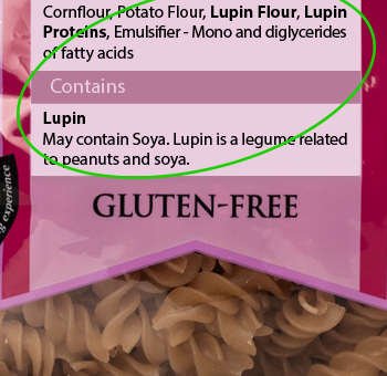 Gluten free label displaying ingredients including lupin flour and lupin proteins.