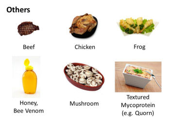 Chart displaying beef steak, whole cooked chicken, frog legs, bottle of honey, basket of mushrooms and bowl of mycroprotein (quorn).