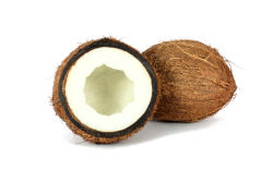 Whole and half coconuts.