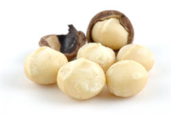 Shelled and unshelled macadamia nuts.