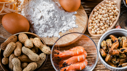 grouping of peanuts, eggs, soy, shrimp, oysters, flour