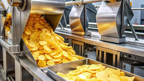 Industrial machine processing and dispensing yellow potato chips into trays. (AI generated)