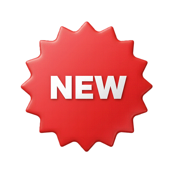 Red starburst graphic with "NEW" in bold white letters.